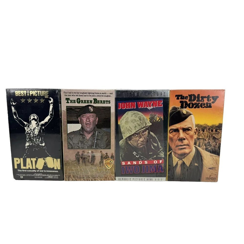 Lot of 4 New VHS War Military Movies Platoon True Green Berets Iwo Jima Dirty 12